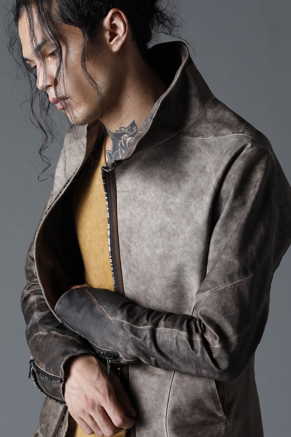 Cold Dyed Horse Leather High Neck Jacket  Charcoal