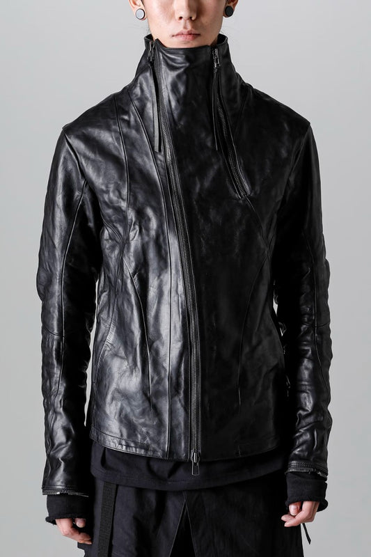 Horse Leather High Neck Leather Jacket Black