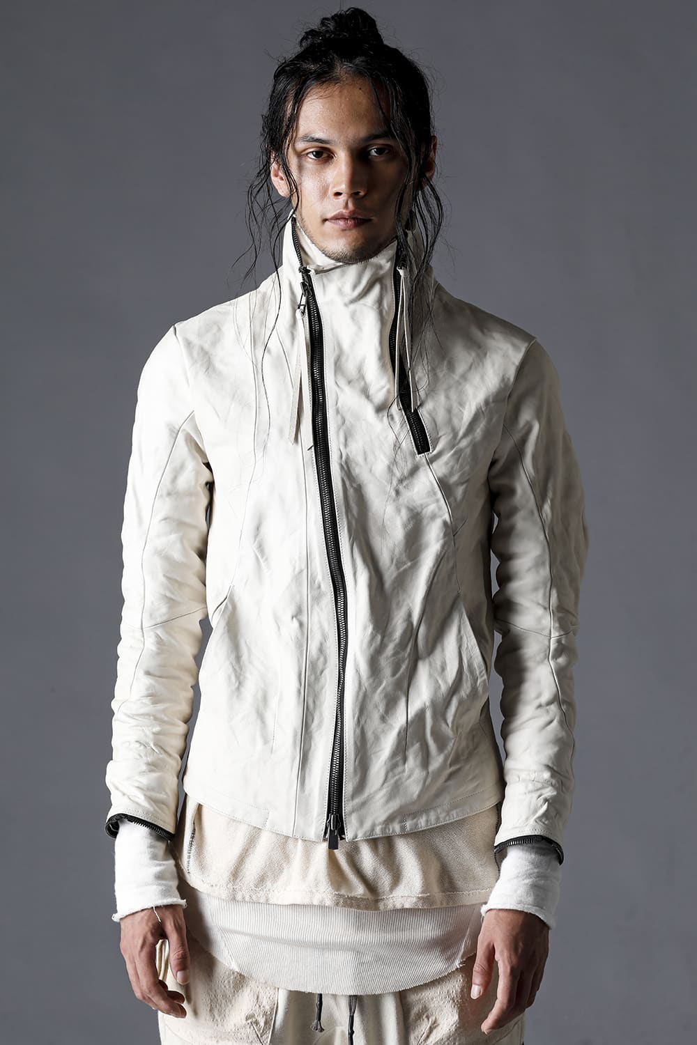 ホースレザーハイネックレザージャケット ボーンホワイト