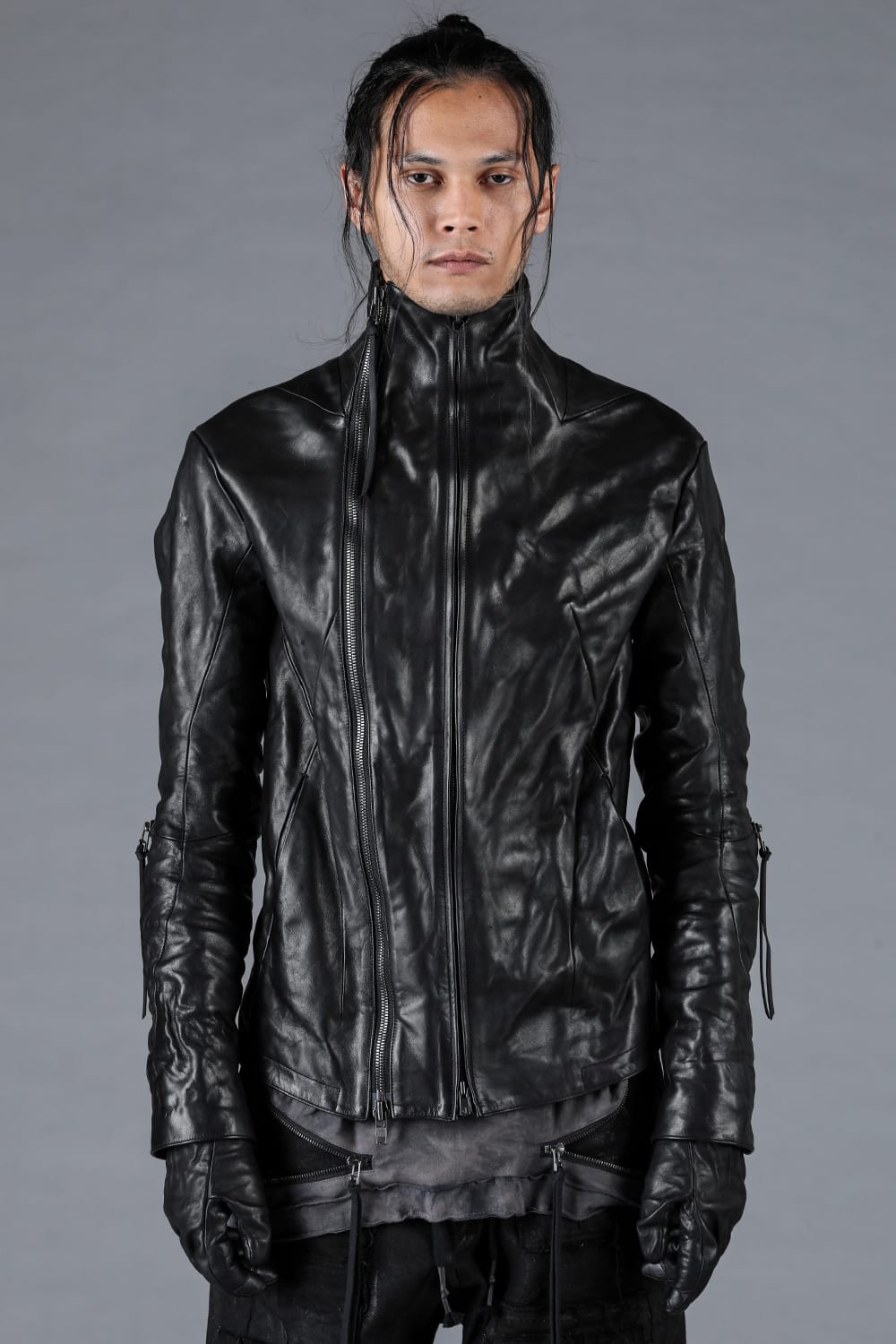 Horse Leather Glove attached Dual Zip High Neck Jacket Black