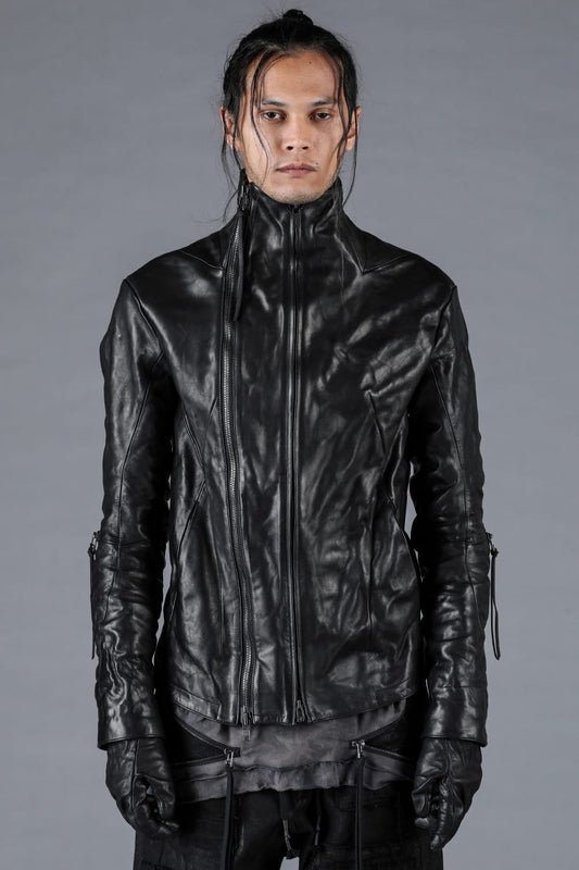 Horse Leather Glove attached Dual Zip High Neck Jacket Black