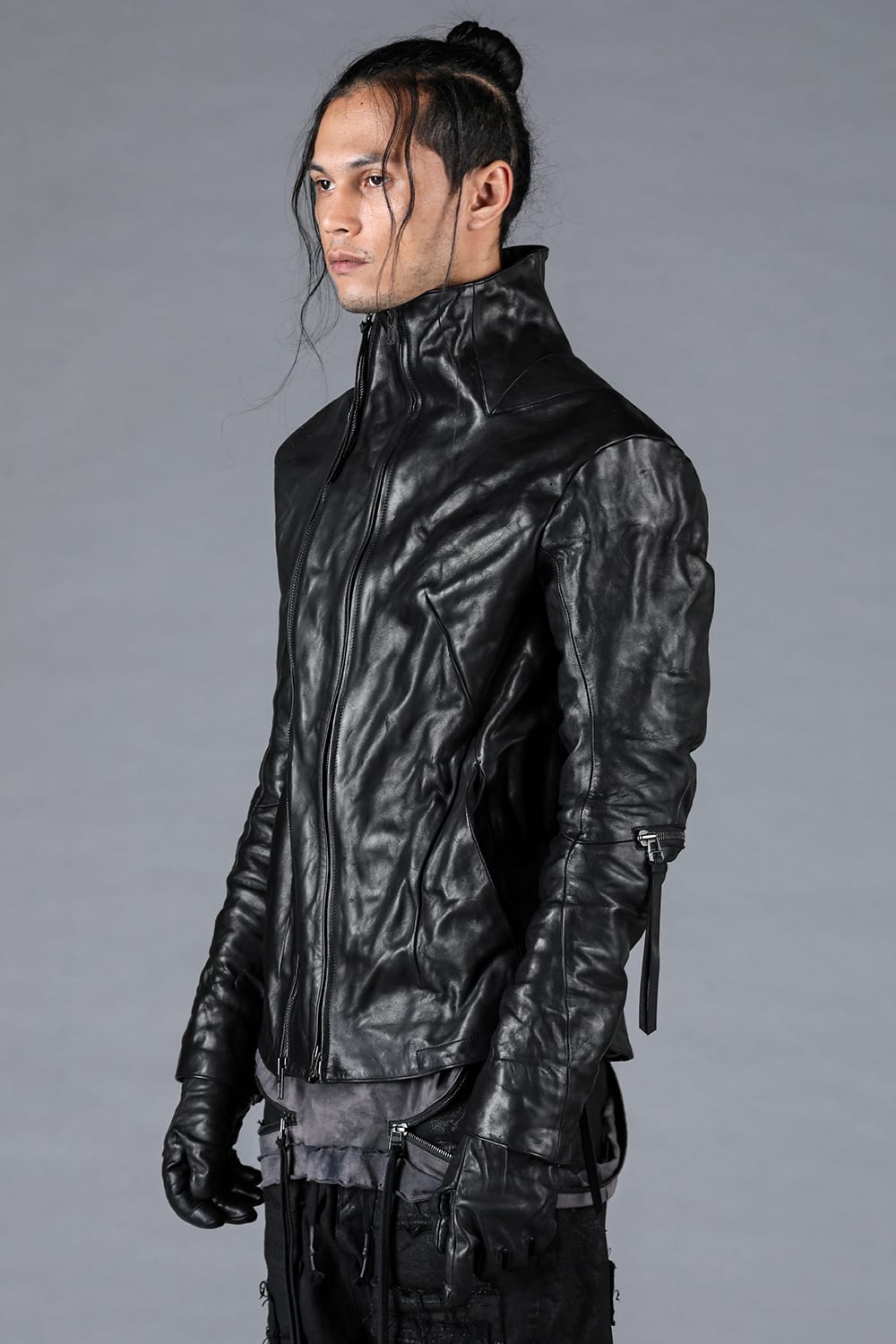 Horse Leather Glove attached Dual Zip High Neck Jacket Black