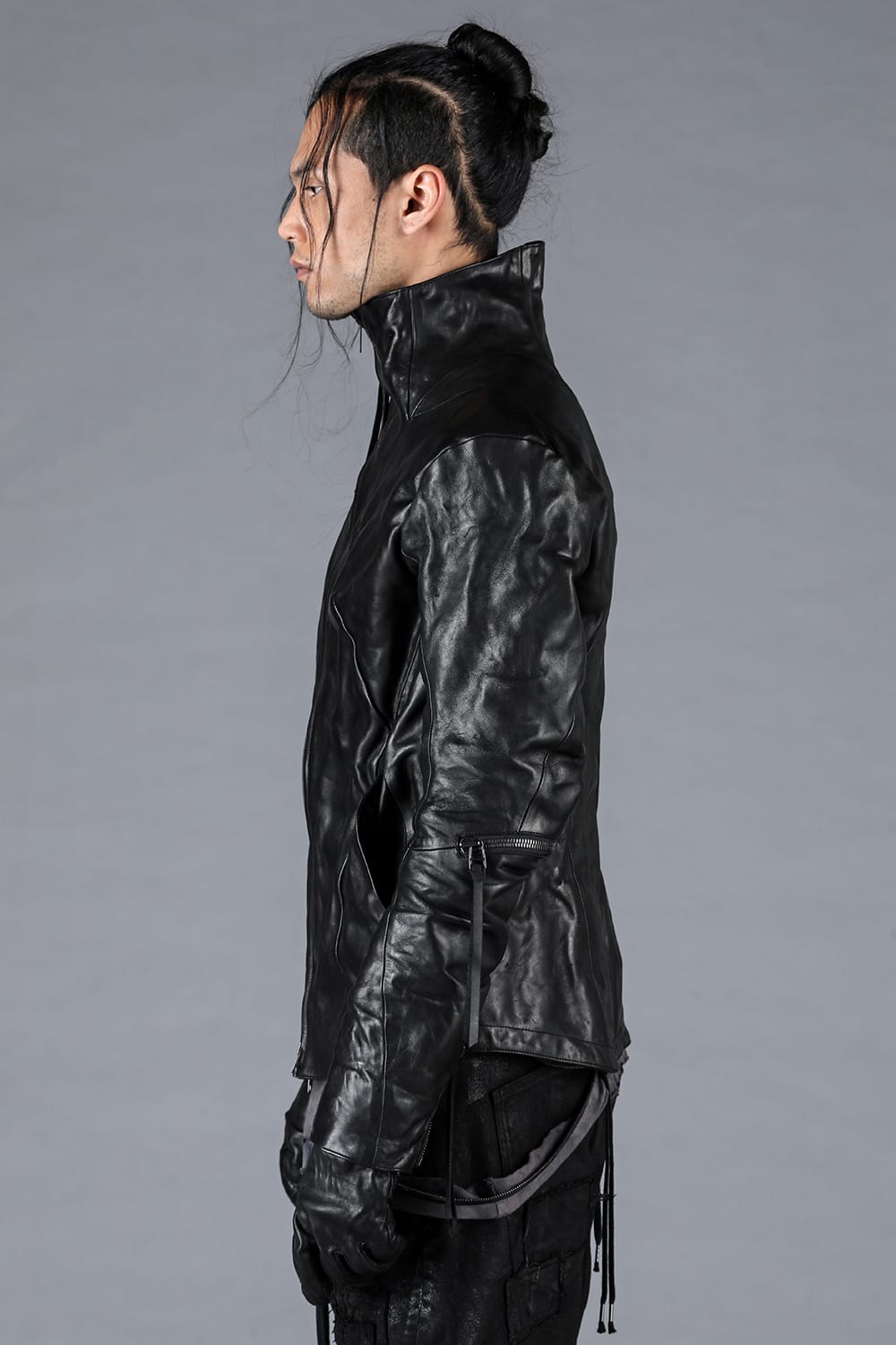 Horse Leather Glove attached Dual Zip High Neck Jacket Black