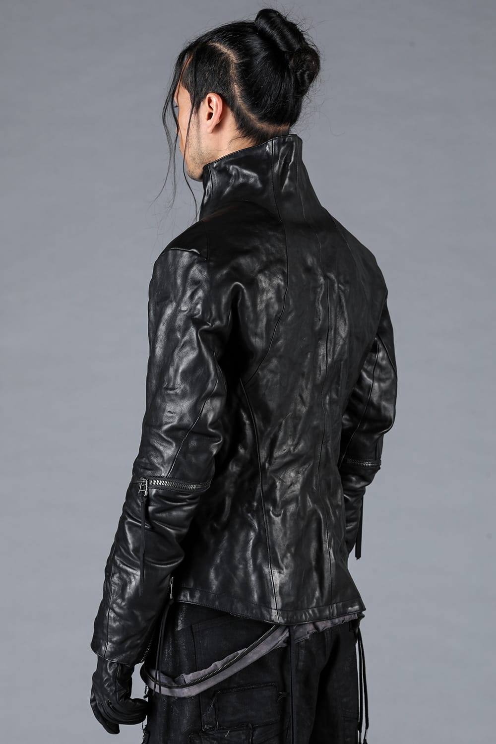 Horse Leather Glove attached Dual Zip High Neck Jacket Black