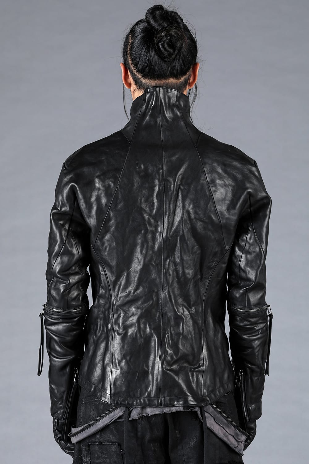 Horse Leather Glove attached Dual Zip High Neck Jacket Black