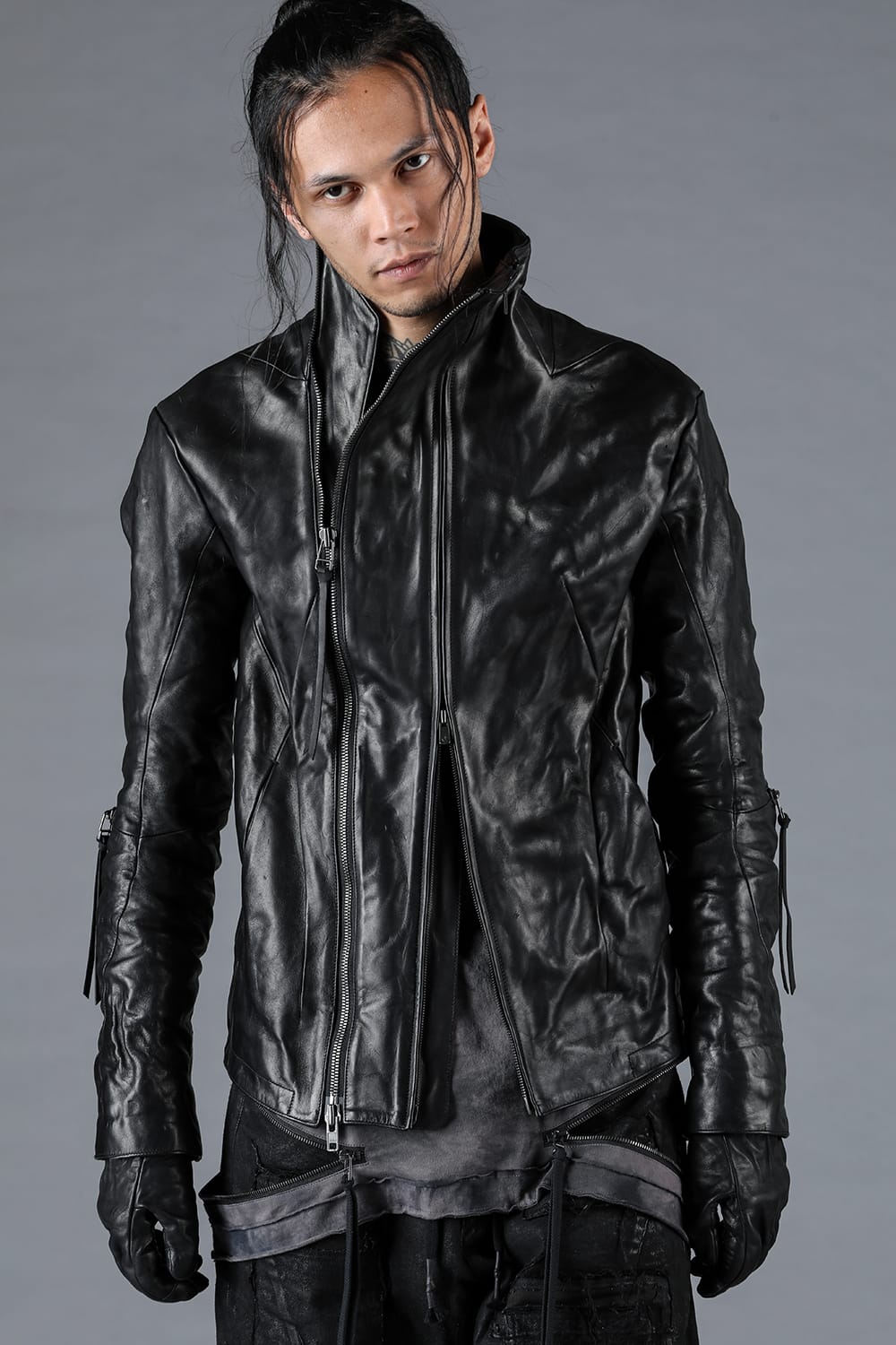 Horse Leather Glove attached Dual Zip High Neck Jacket Black