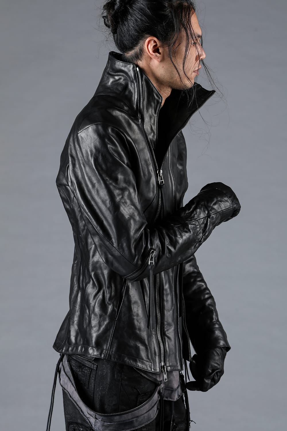 Horse Leather Glove attached Dual Zip High Neck Jacket Black