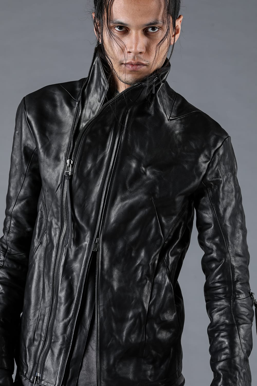 Horse Leather Glove attached Dual Zip High Neck Jacket Black