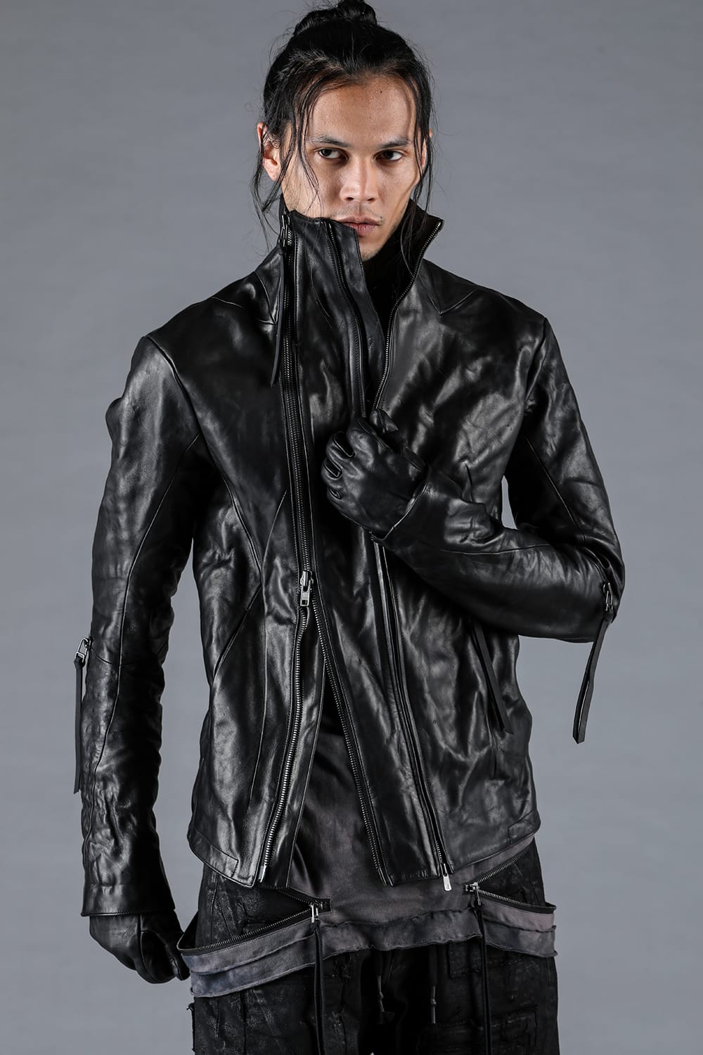 Horse Leather Glove attached Dual Zip High Neck Jacket Black