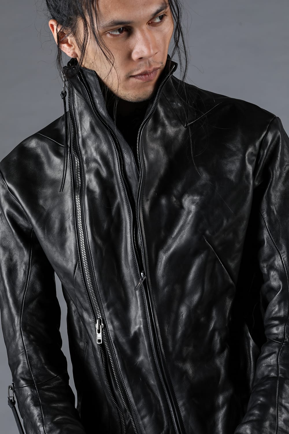 Horse Leather Glove attached Dual Zip High Neck Jacket Black