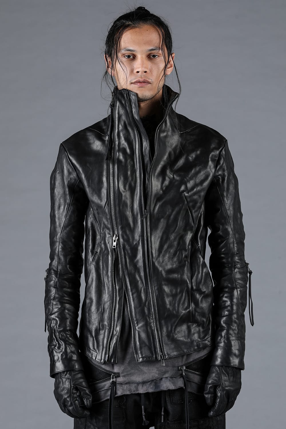 Horse Leather Glove attached Dual Zip High Neck Jacket Black