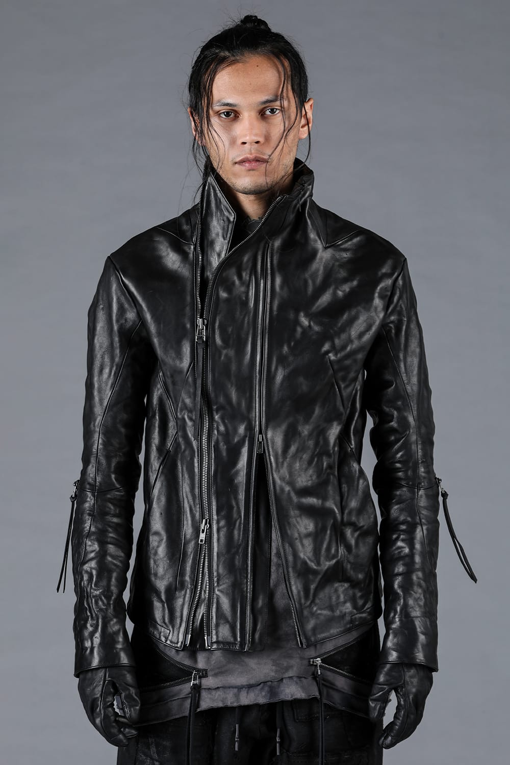 Horse Leather Glove attached Dual Zip High Neck Jacket Black