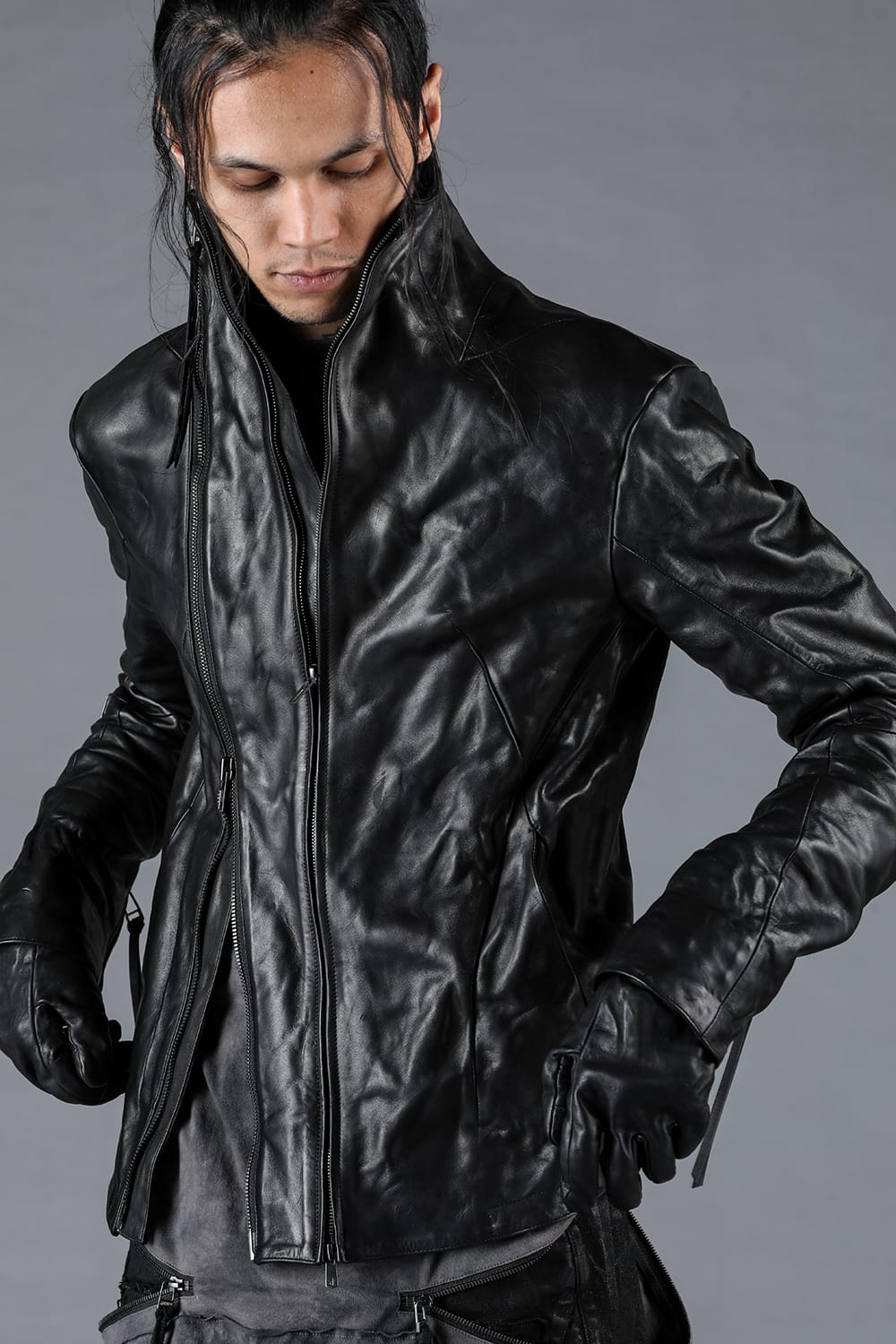 Horse Leather Glove attached Dual Zip High Neck Jacket Black