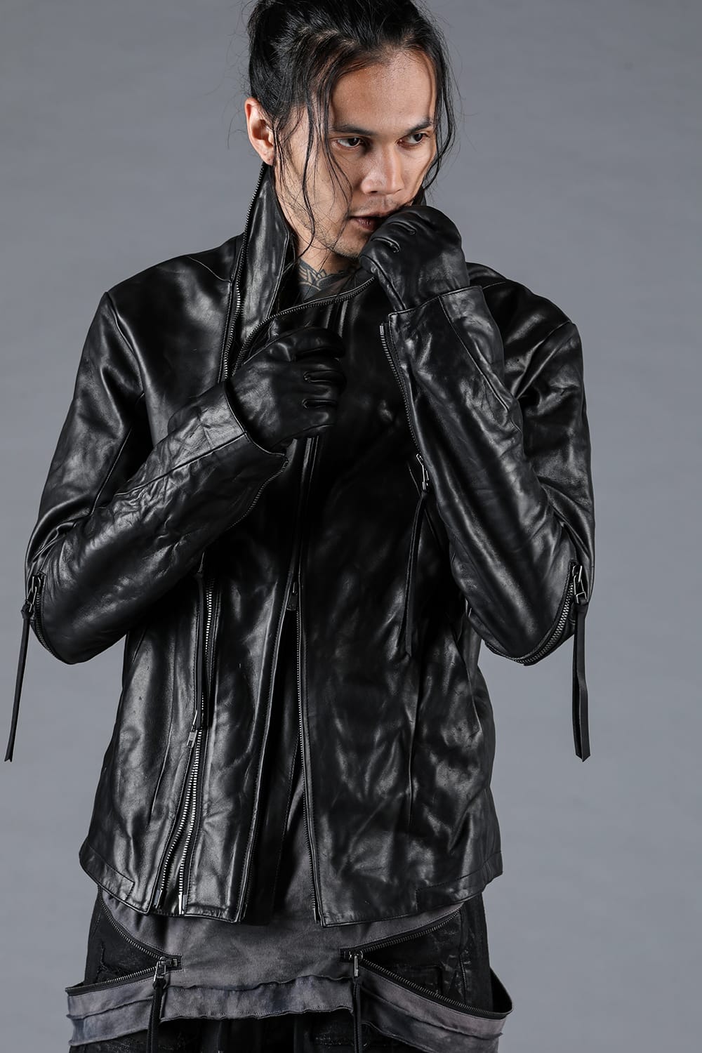 Horse Leather Glove attached Dual Zip High Neck Jacket Black