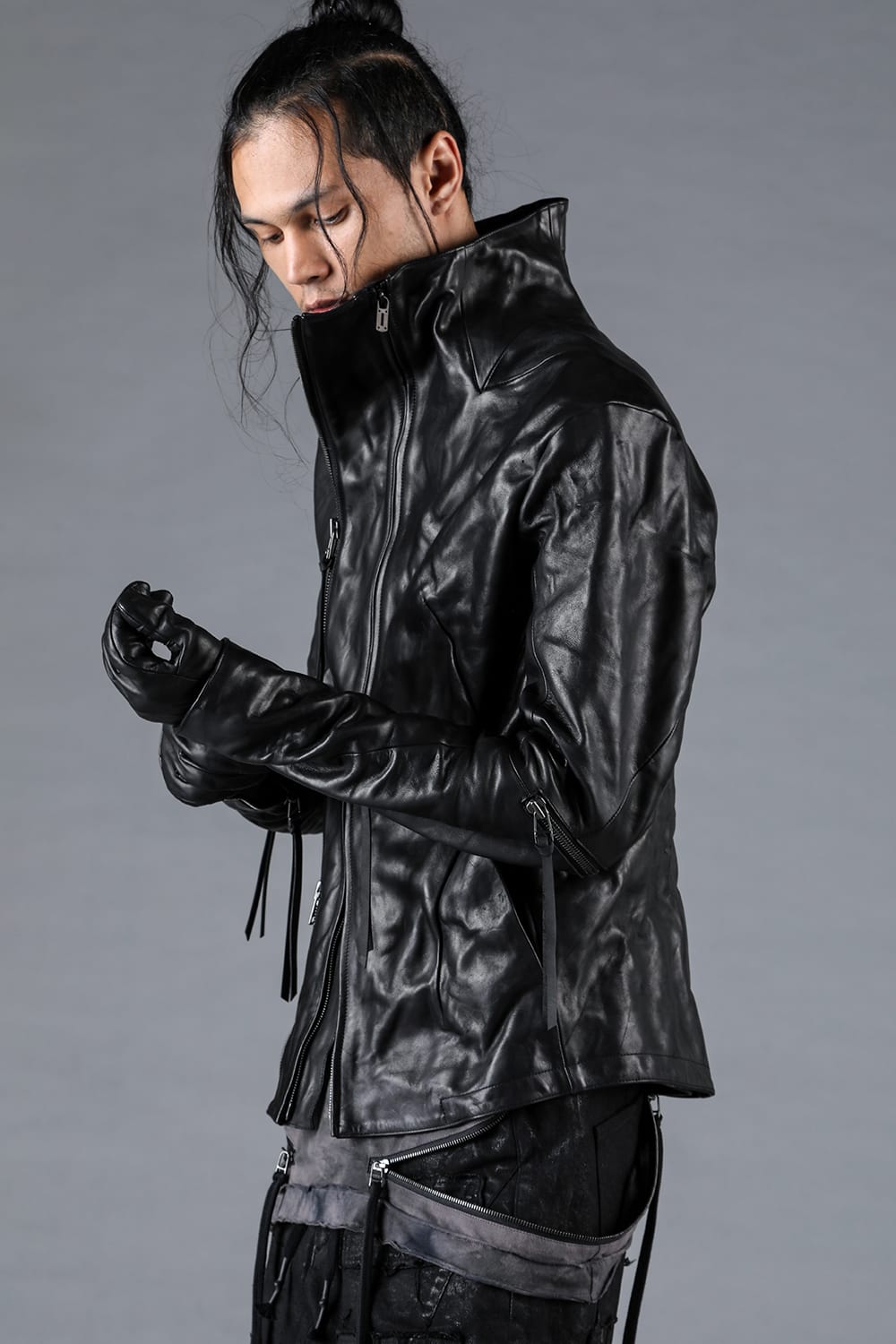 Horse Leather Glove attached Dual Zip High Neck Jacket Black