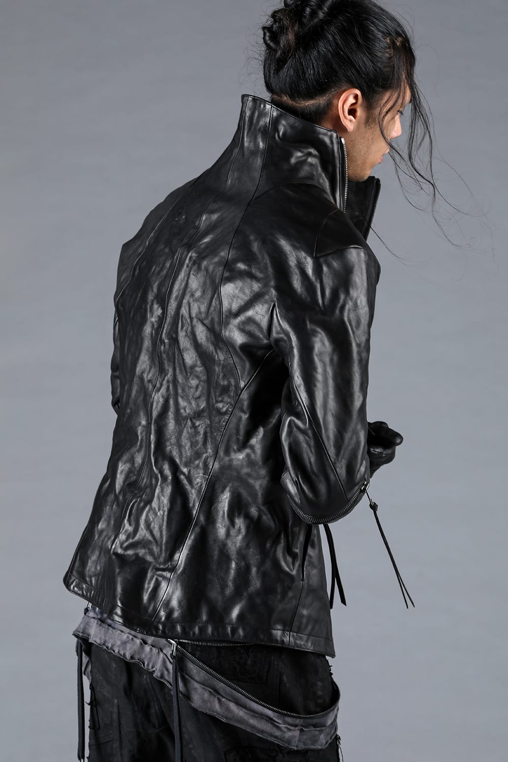 Horse Leather Glove attached Dual Zip High Neck Jacket Black