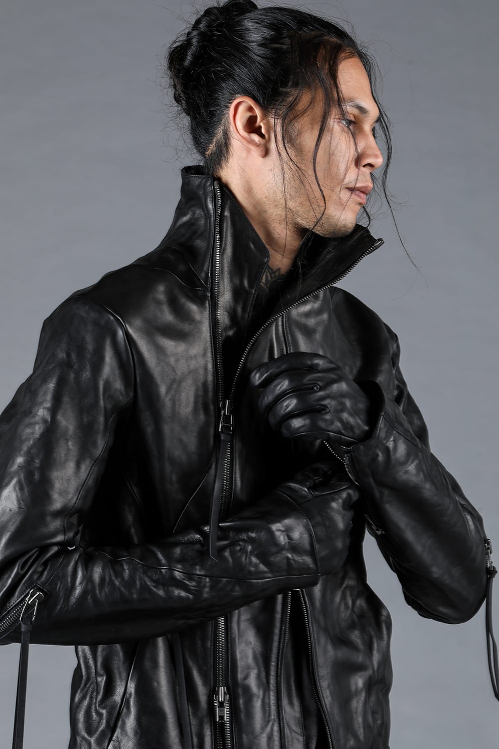 Horse Leather Glove attached Dual Zip High Neck Jacket Black