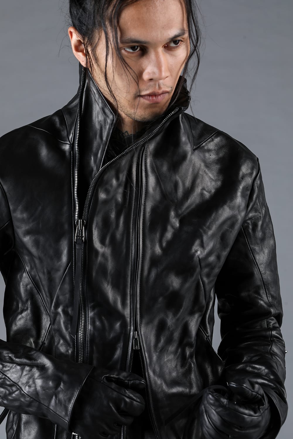Horse Leather Glove attached Dual Zip High Neck Jacket Black