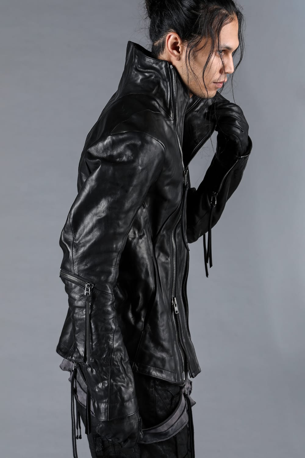 Horse Leather Glove attached Dual Zip High Neck Jacket Black