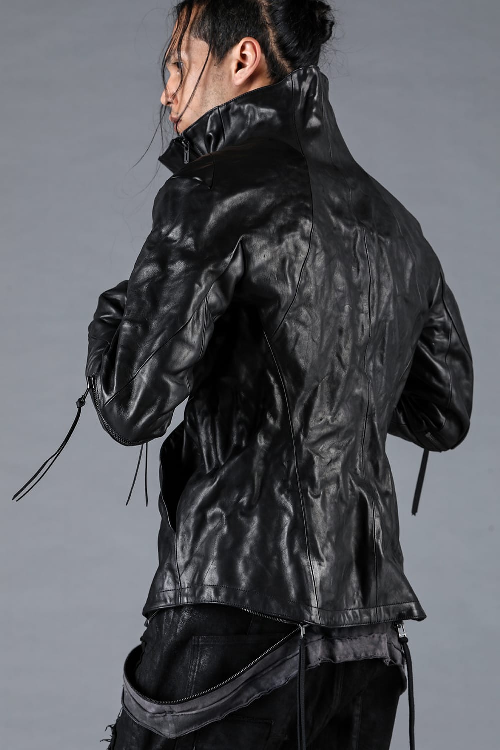 Horse Leather Glove attached Dual Zip High Neck Jacket Black