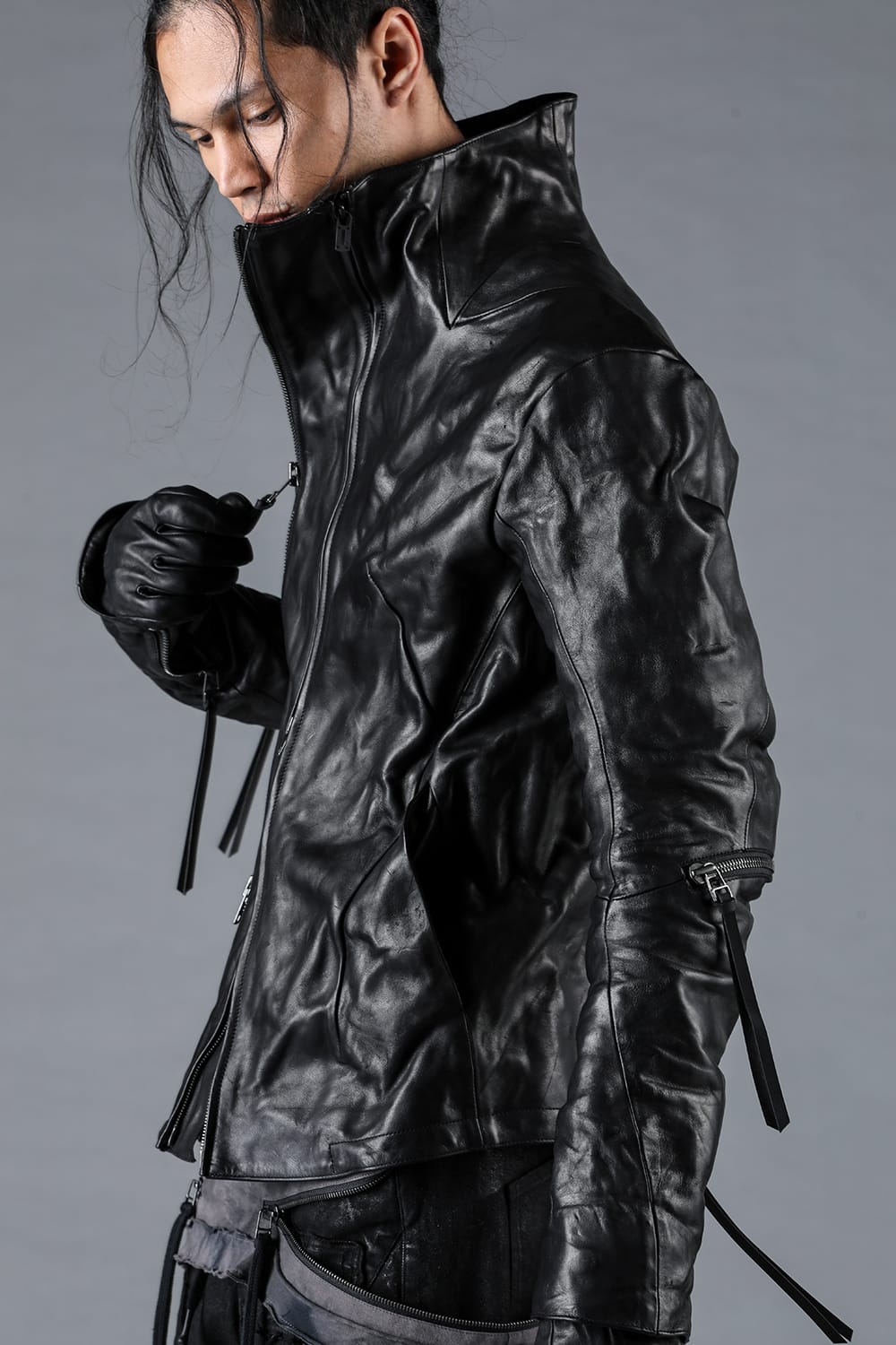 Horse Leather Glove attached Dual Zip High Neck Jacket Black