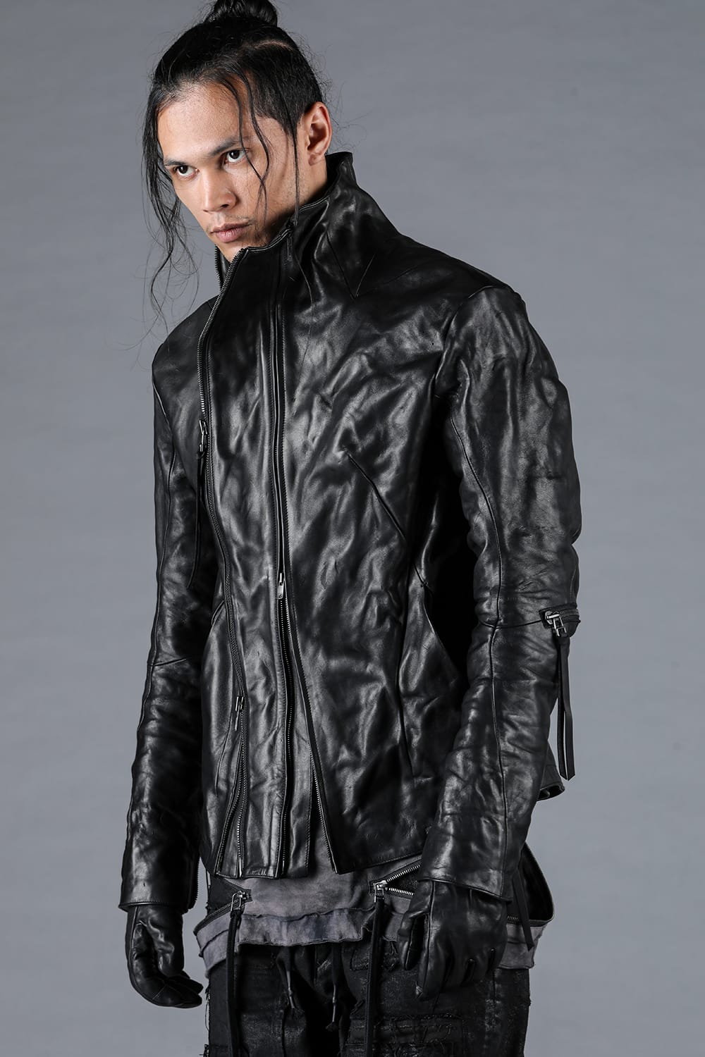 Horse Leather Glove attached Dual Zip High Neck Jacket Black