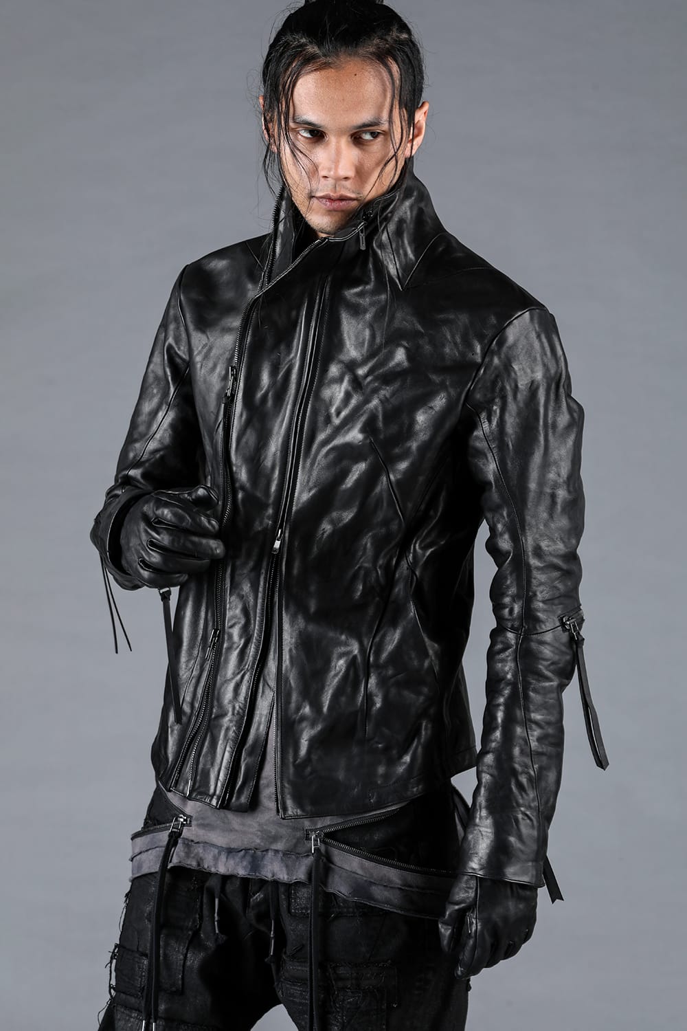 Horse Leather Glove attached Dual Zip High Neck Jacket Black