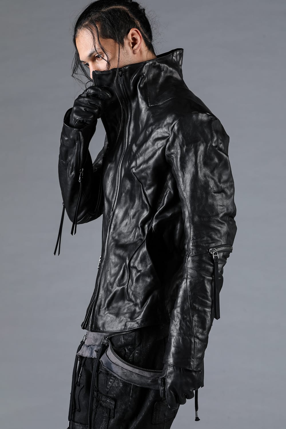 Horse Leather Glove attached Dual Zip High Neck Jacket Black