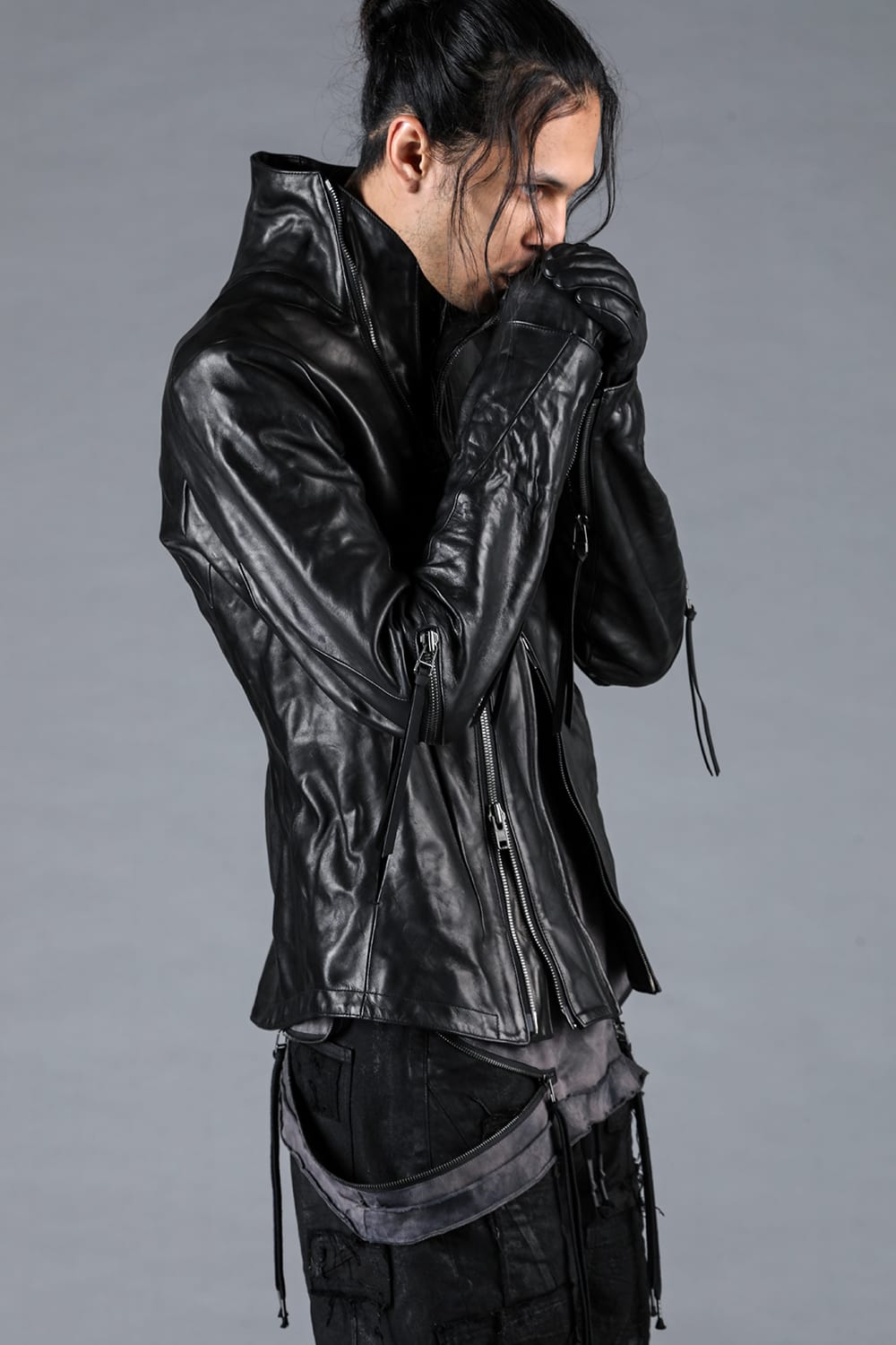 Horse Leather Glove attached Dual Zip High Neck Jacket Black