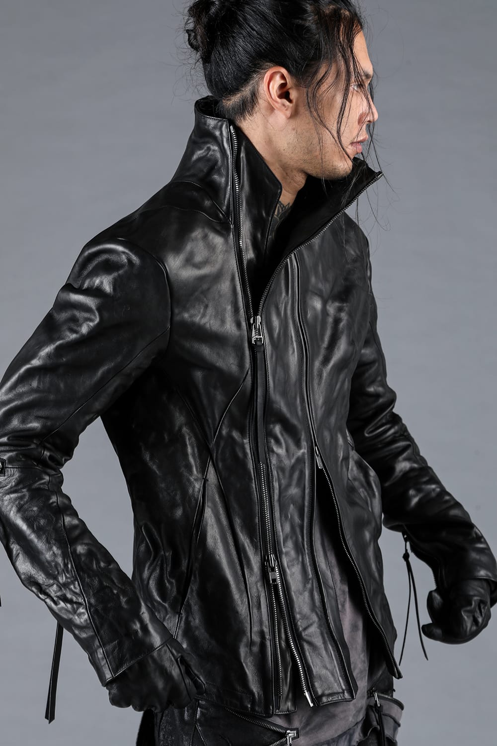 Horse Leather Glove attached Dual Zip High Neck Jacket Black