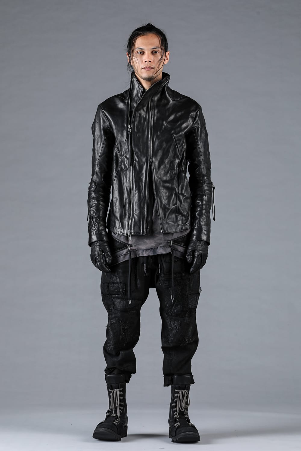 Horse Leather Glove attached Dual Zip High Neck Jacket Black