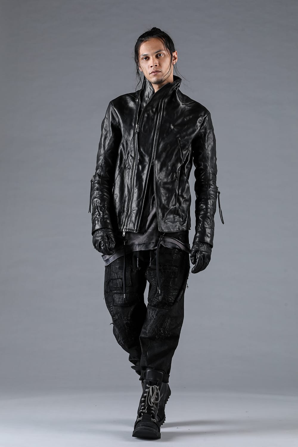 Horse Leather Glove attached Dual Zip High Neck Jacket Black