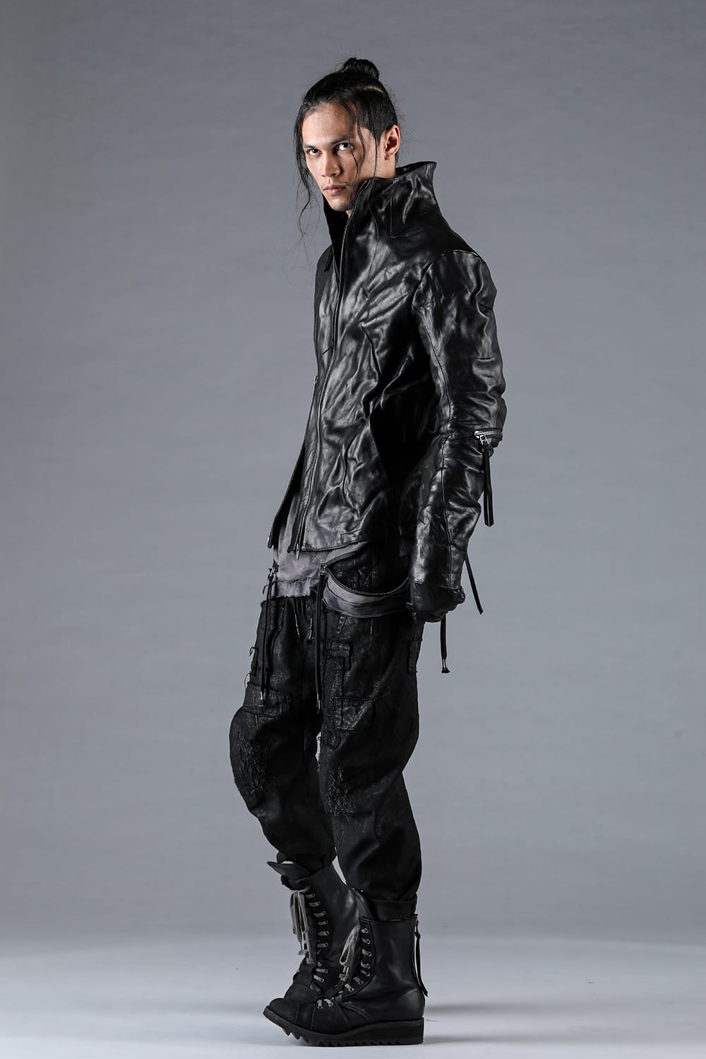 Horse Leather Glove attached Dual Zip High Neck Jacket Black