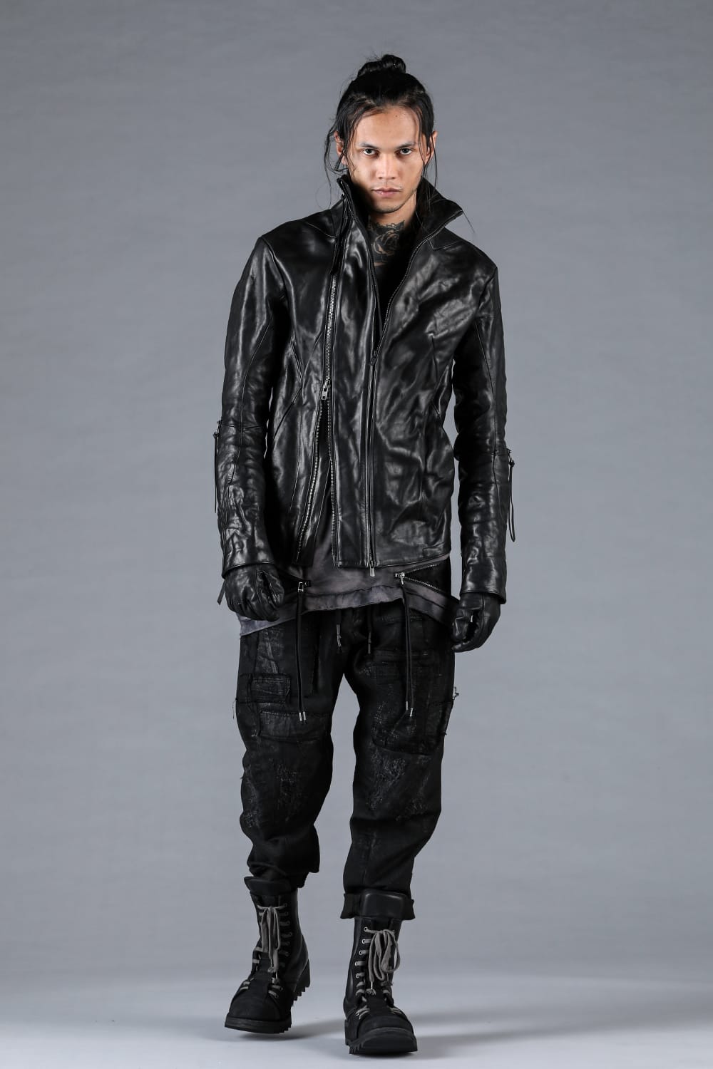 Horse Leather Glove attached Dual Zip High Neck Jacket Black