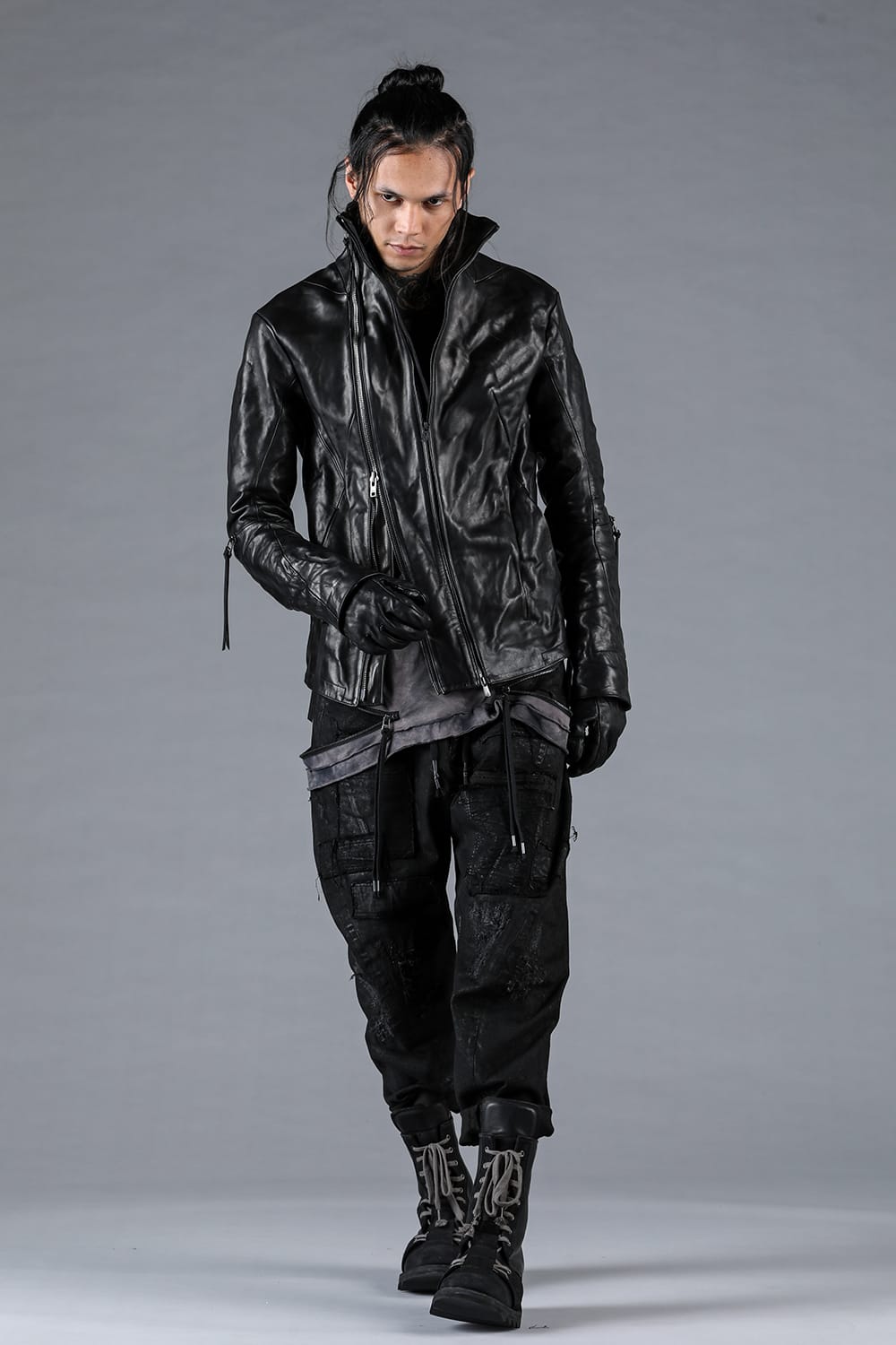 Horse Leather Glove attached Dual Zip High Neck Jacket Black