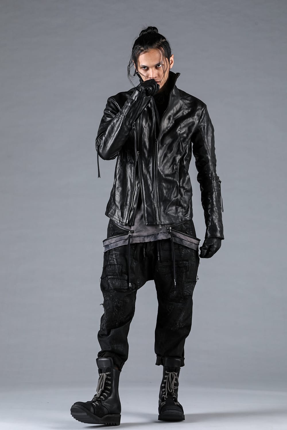 Horse Leather Glove attached Dual Zip High Neck Jacket Black