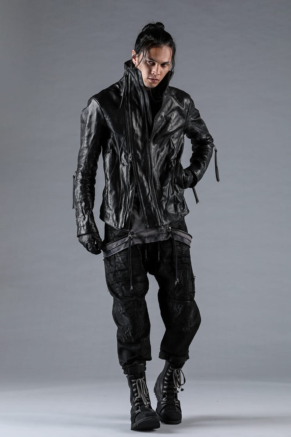 Horse Leather Glove attached Dual Zip High Neck Jacket Black