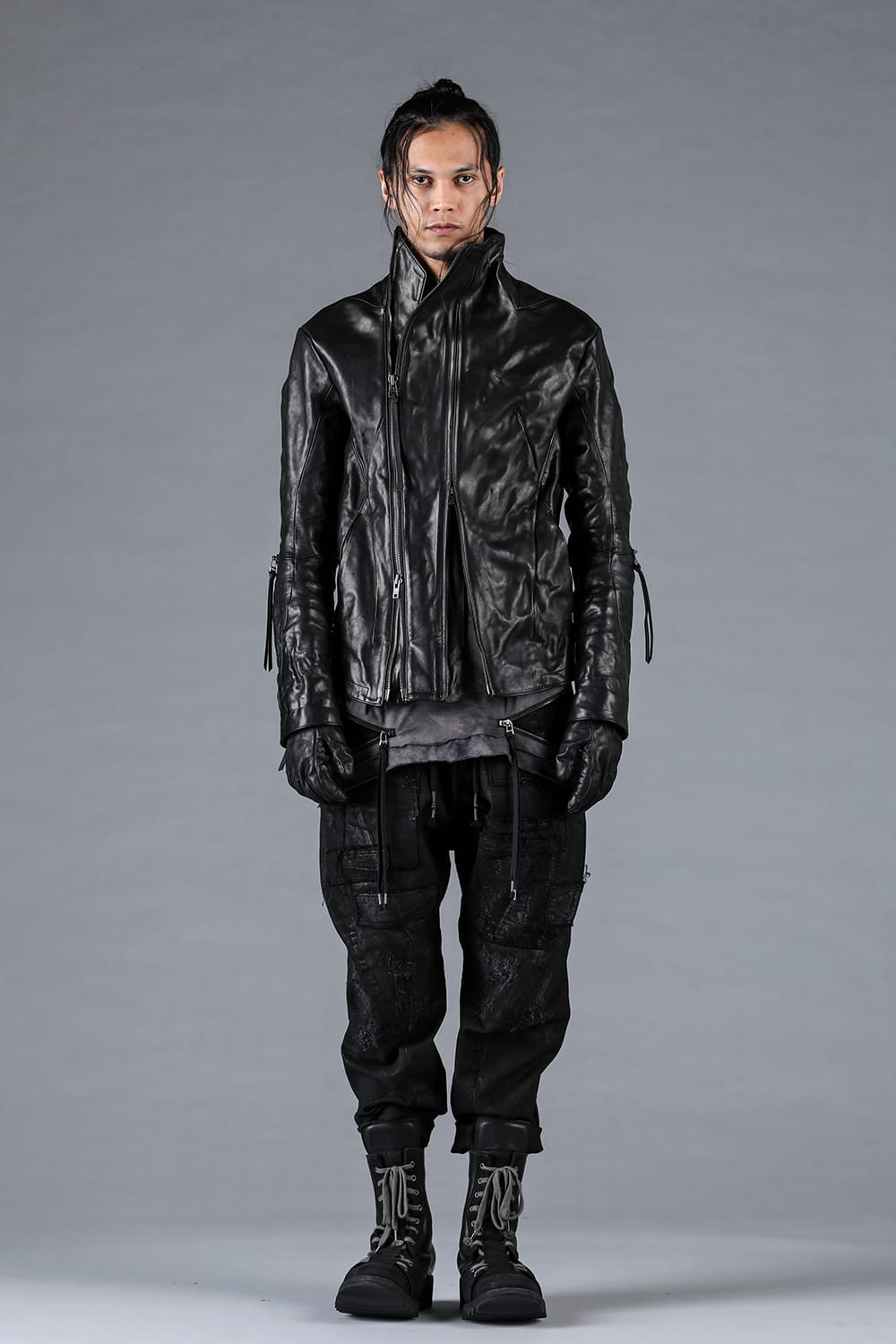 Horse Leather Glove attached Dual Zip High Neck Jacket Black