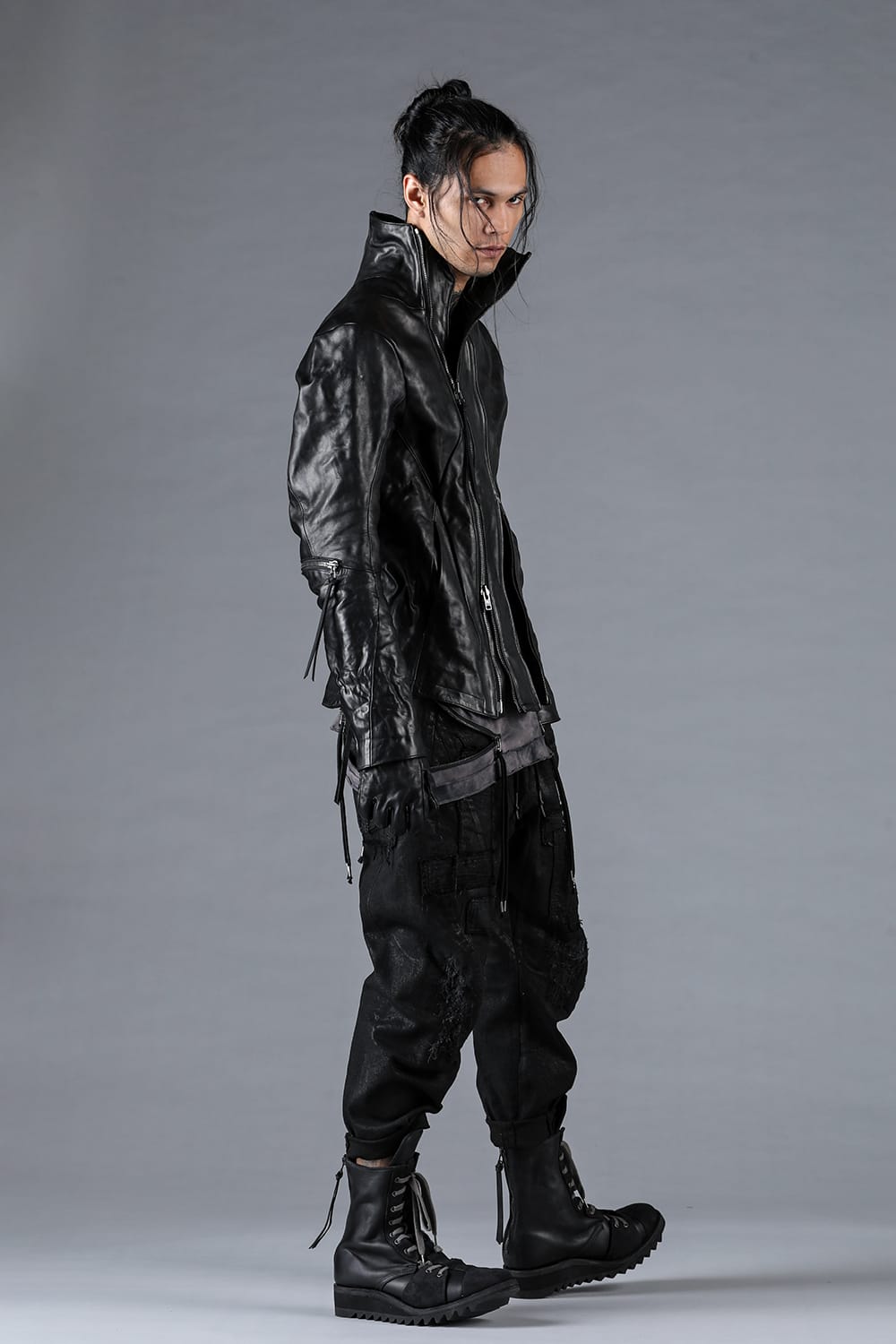 Horse Leather Glove attached Dual Zip High Neck Jacket Black