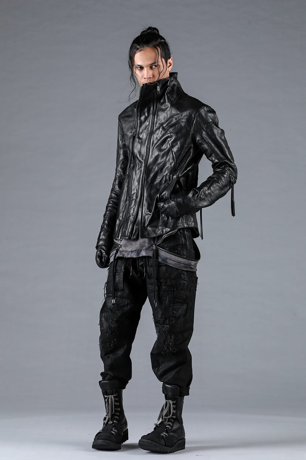 Horse Leather Glove attached Dual Zip High Neck Jacket Black