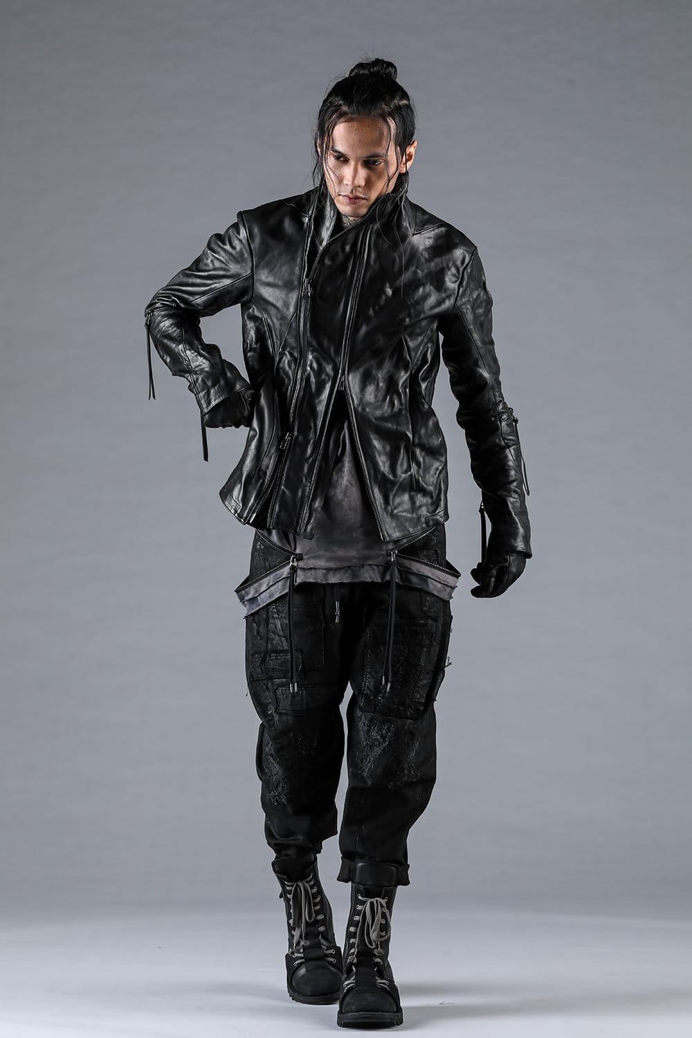 Horse Leather Glove attached Dual Zip High Neck Jacket Black