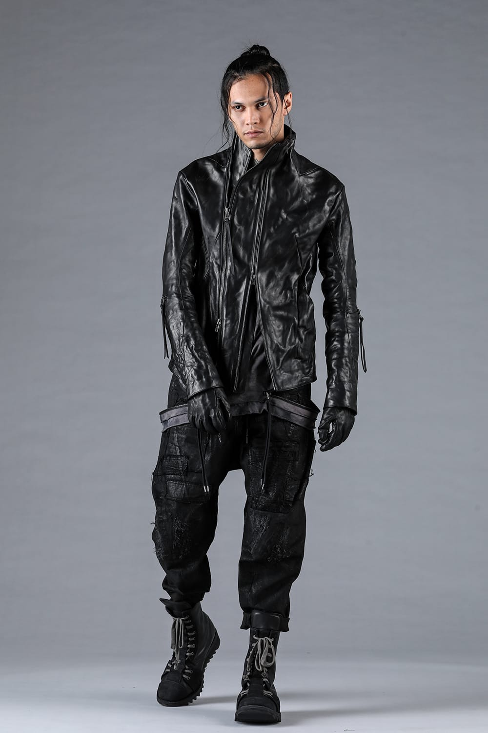 Horse Leather Glove attached Dual Zip High Neck Jacket Black