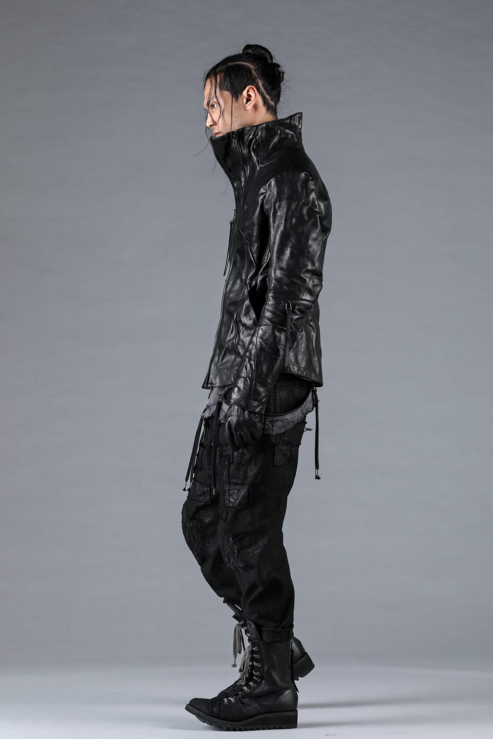 Horse Leather Glove attached Dual Zip High Neck Jacket Black