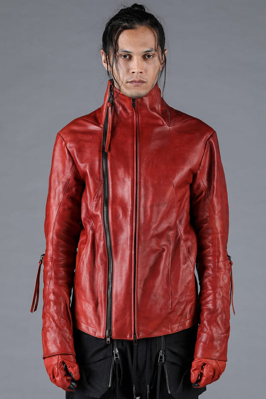 Horse Leather Glove attached Dual Zip High Neck Jacket Red