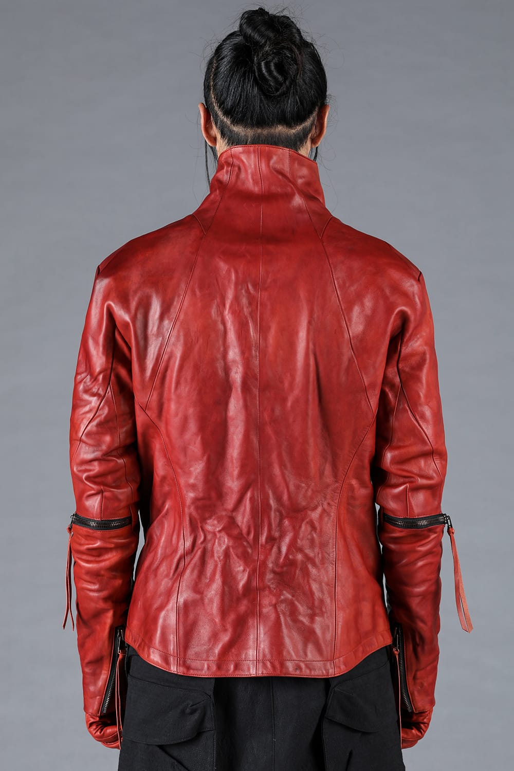 ホースレザーグローブアタッチドデュアルジップハイネックジャケット レッド