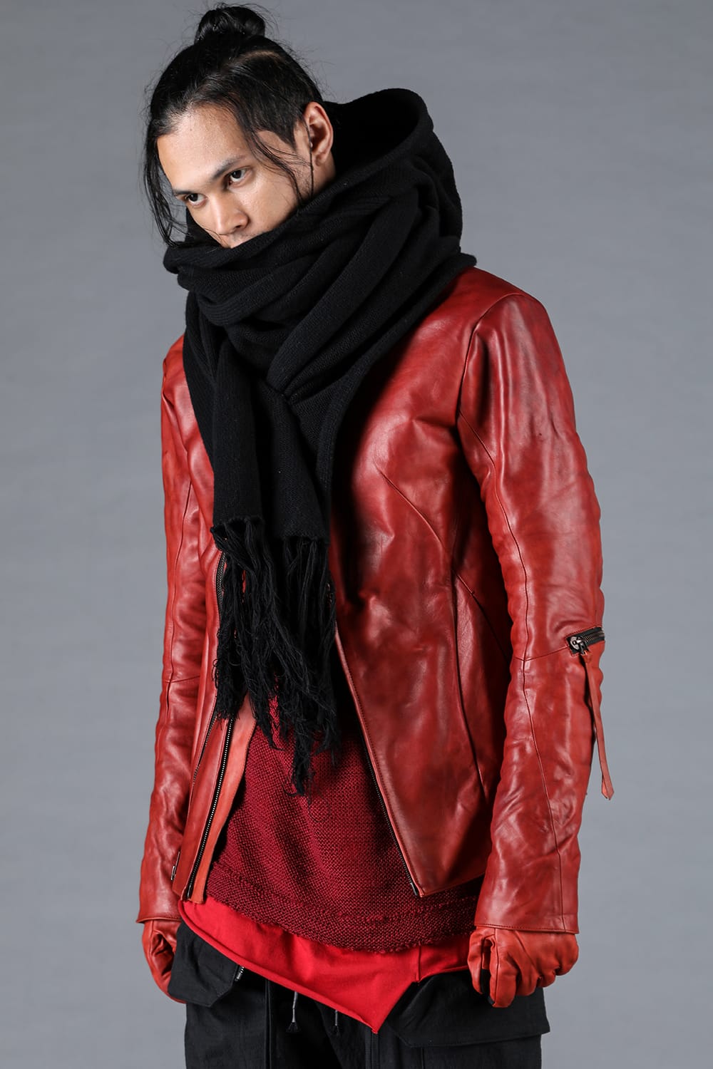 ホースレザーグローブアタッチドデュアルジップハイネックジャケット レッド