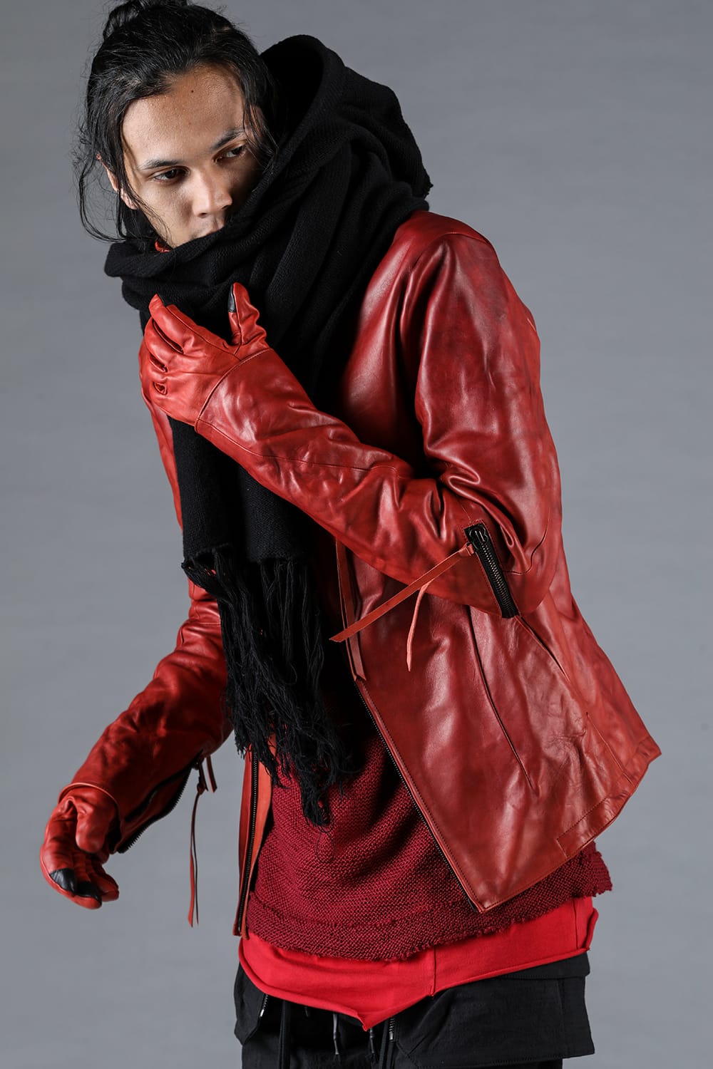 ホースレザーグローブアタッチドデュアルジップハイネックジャケット レッド