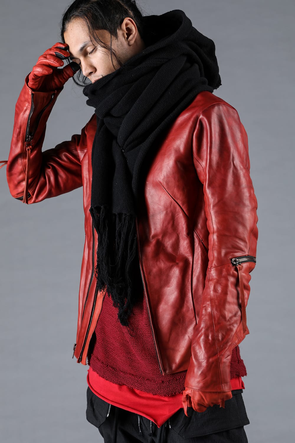 ホースレザーグローブアタッチドデュアルジップハイネックジャケット レッド