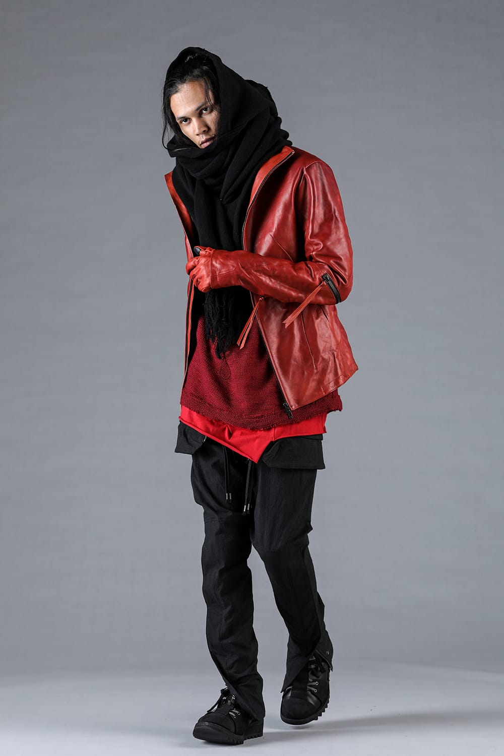 ホースレザーグローブアタッチドデュアルジップハイネックジャケット レッド
