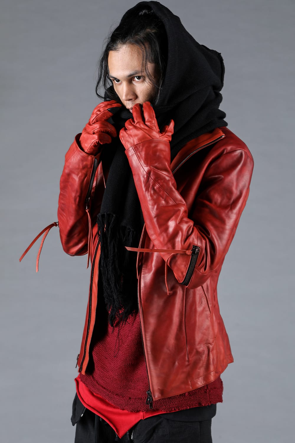 ホースレザーグローブアタッチドデュアルジップハイネックジャケット レッド